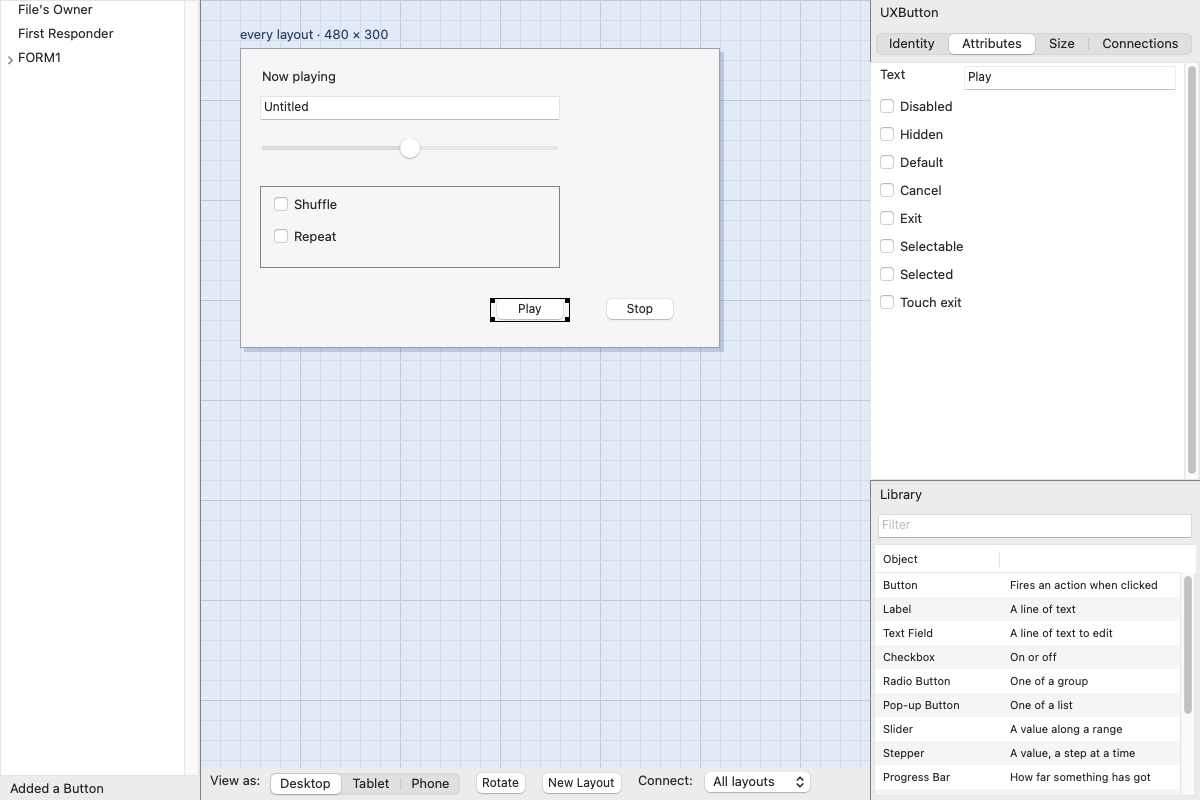 The finished desktop layout, with the Play button selected